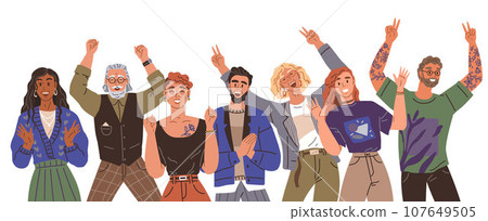 Happy people concept. Vector illustration Celebrating people commemorate achievements with joy Happy crowd dances in unison at concert Happy people bring warmth holiday celebrations Men and women Happy people concept. Vector illustration Celebrating people commemorate achievements with joy Happy crowd dances in unison at concert Happy people bring warmth holiday celebrations Men and women 107649505