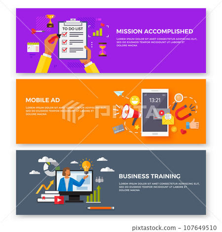 Complete task, mission accomplished, digital advertising social media online marketing, business seminar, conference, mobile ad web page set. Company personnel training, career development course 107649510