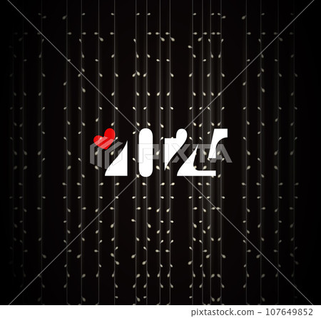 Happy 2024 Year creative signs with red heart on black background with lighting garlands for greeting cards and calendars. Vector illustration Happy 2024 Year creative signs with red heart on black background with lighting garlands for greeting cards and calendars. Vector illustration 107649852