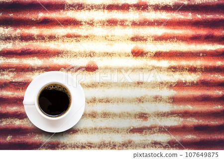 Coffee cup on rusty corrugated iron metal background Coffee cup on rusty corrugated iron metal background 107649875