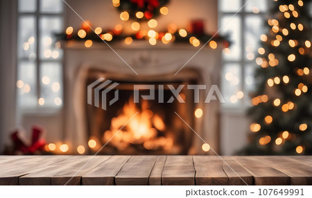 Christmas table with blurred fireplace backdrop 107649991