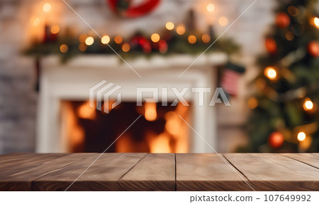 Christmas table with blurred fireplace backdrop Christmas table with blurred fireplace backdrop 107649992