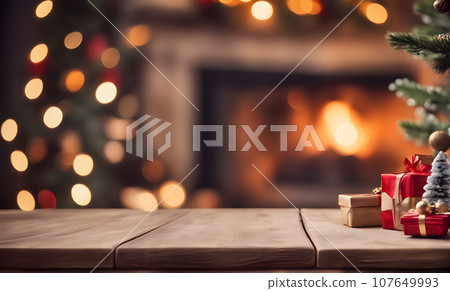Christmas table with blurred fireplace backdrop 107649993