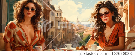 Two women sitting in a Paris cafe 107650028