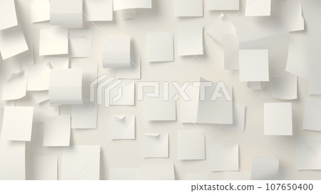 A creative and modern image of a white wall with multiple blank white sticky notes on it. The notes are of different sizes and are randomly overlapping each other. 107650400