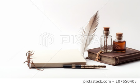 Vintage writing set on white background. Leather-bound book, feather quill, ink bottles and fountain pen. Ideal for themes of literature, history, art and education. 107650403