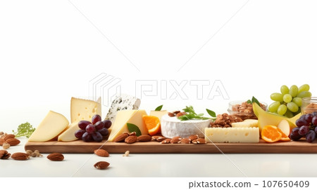 A tray of assorted cheeses, paired with dried fruits and nuts. A tray of assorted cheeses, paired with dried fruits and nuts. 107650409