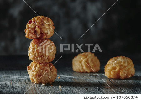 panellets typical of Catalonia, Spain, in a stack panellets typical of Catalonia, Spain, in a stack 107650874