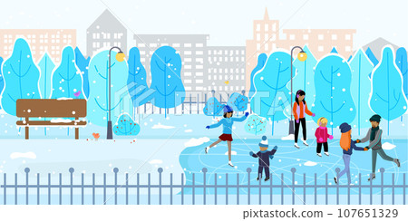 Ice rink on big city street. Adults and children happy ice skate on street against background urban buildings snowflakes falling. Friends at ice-skating outdoor rink merry christmas winter holidays 107651329