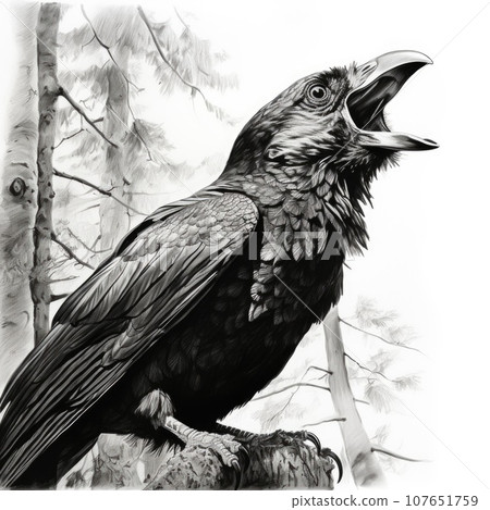 A black and white drawing of a raven sitting on a tree stump, AI 107651759