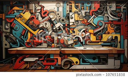 A colorful painting of a desk with various tools, AI A colorful painting of a desk with various tools, AI 107651838