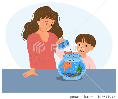 Happy family, mother and son feeding fish in an aquarium. Cartoon illustration in flat style, vector Happy family, mother and son feeding fish in an aquarium. Cartoon illustration in flat style, vector 107651952