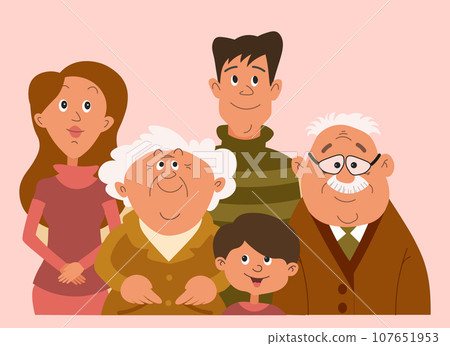Portrait of a happy family, mother, father, son, grandparents. Cartoon illustration in flat style, vector 107651953
