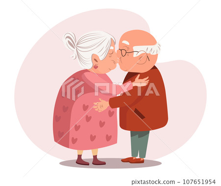Happy family, elderly couple in love, old man and old lady kissing. Illustration, vector 107651954