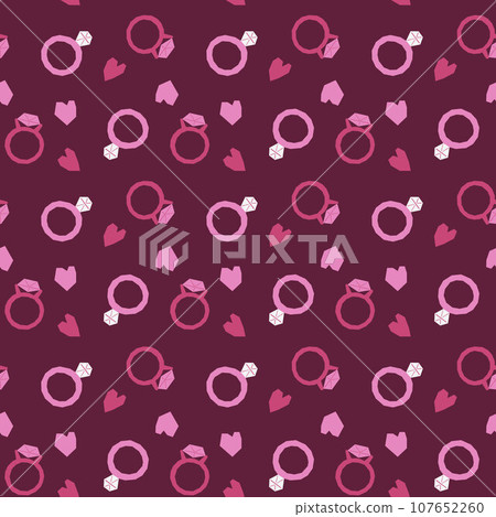 Seamless pattern with Diamond Rings and hearts. Decor for a wedding or Valentines Day. Festive pattern for fabric, wrapping paper, clothing. Vector illustration. Seamless pattern with Diamond Rings and hearts. Decor for a wedding or Valentines Day. Festive pattern for fabric, wrapping paper, clothing. Vector illustration. 107652260