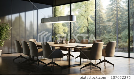 Modern dining room with large windows and wooden floor, AI 107652275