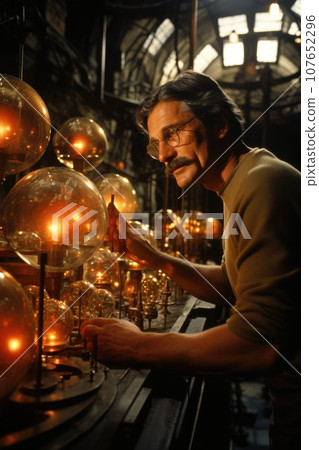 A man with glasses and a moustache is working on a light fixture, AI 107652296