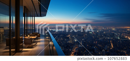 從城市塔樓公寓的觀景台看到黃昏的城市景觀 107652883