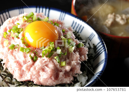Shredded seaweed, egg yolk, green onion toro rice bowl and piping hot pork soup Shredded seaweed, egg yolk, green onion toro rice bowl and piping hot pork soup 107653781