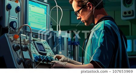 depicting a biomedical engineer calibrating an infusion pump to ensure precise medication delivery. 107653969