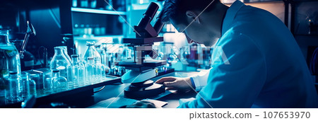 scientist adjusting the focus and magnification of a laboratory microscope for research purposes. scientist adjusting the focus and magnification of a laboratory microscope for research purposes. 107653970