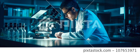 scientist adjusting the focus and magnification of a laboratory microscope for research purposes. 107653971