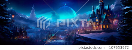 Explore the mysterious and enchanting world of Christmas night with deep blues and twinkling stars. 107653972