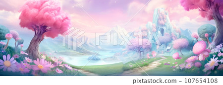 watercolor background with a whimsical and fairytale-like theme, perfect for children's book illustrations or magical storytelling. 107654108