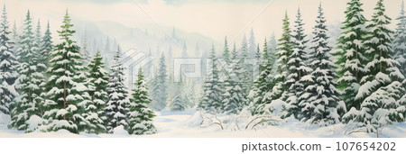 dense evergreen forest blanketed in fresh snow, with varying shades of green, gray, and white. 107654202
