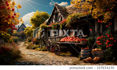 apple orchard in the fall, with trees laden with colorful leaves and ripe fruit, a wooden wagon filled with apples, and a cozy cottage nearby. apple orchard in the fall, with trees laden with colorful leaves and ripe fruit, a wooden wagon filled with apples, and a cozy cottage nearby. 107654230