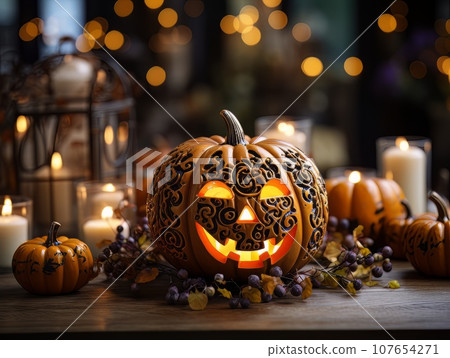Sinister pumpkin as Halloween symbols tabletop home holiday decor. AI 107654271