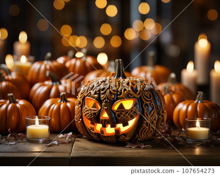 Sinister pumpkin as Halloween symbols tabletop home holiday decor. AI Sinister pumpkin as Halloween symbols tabletop home holiday decor. AI 107654273
