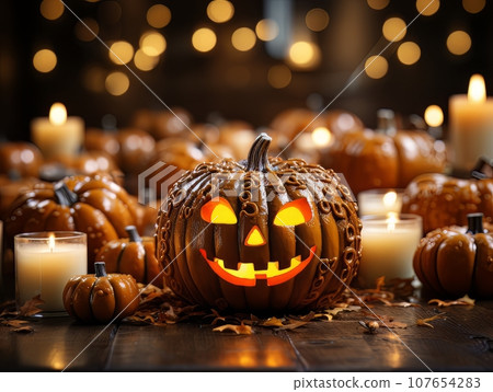 Sinister pumpkin as Halloween symbols tabletop home holiday decor. AI Sinister pumpkin as Halloween symbols tabletop home holiday decor. AI 107654283