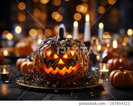 Sinister pumpkin as Halloween symbols tabletop home holiday decor. AI 107654323