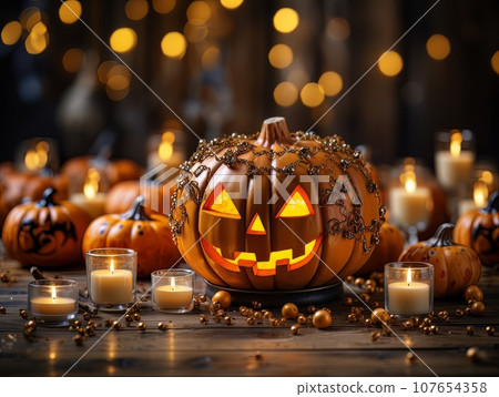 Sinister pumpkin as Halloween symbols tabletop home holiday decor. AI Sinister pumpkin as Halloween symbols tabletop home holiday decor. AI 107654358