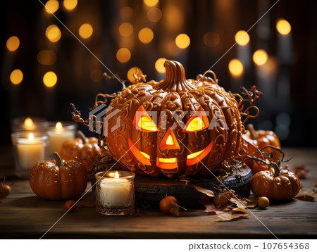Sinister pumpkin as Halloween symbols tabletop home holiday decor. AI Sinister pumpkin as Halloween symbols tabletop home holiday decor. AI 107654368