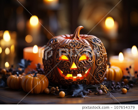 Sinister pumpkin as Halloween symbols tabletop home holiday decor. AI 107654379
