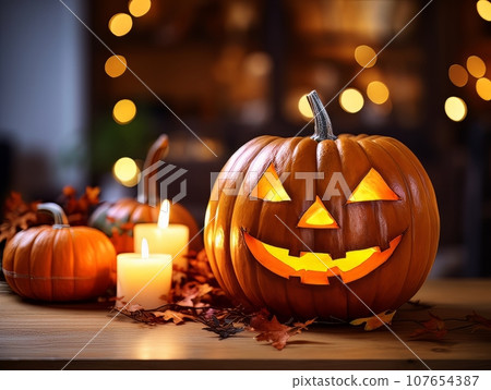 Sinister pumpkin as Halloween symbols tabletop home holiday decor. AI Sinister pumpkin as Halloween symbols tabletop home holiday decor. AI 107654387