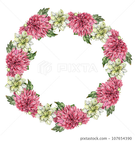 Flowers wreath with dahlia, watercolor illustration for cards, backgrounds. Watercolor illustration for scrapbooking. Hand drawn background with flower for your design. Perfect for wedding invitation. Flowers wreath with dahlia, watercolor illustration for cards, backgrounds. Watercolor illustration for scrapbooking. Hand drawn background with flower for your design. Perfect for wedding invitation. 107654390