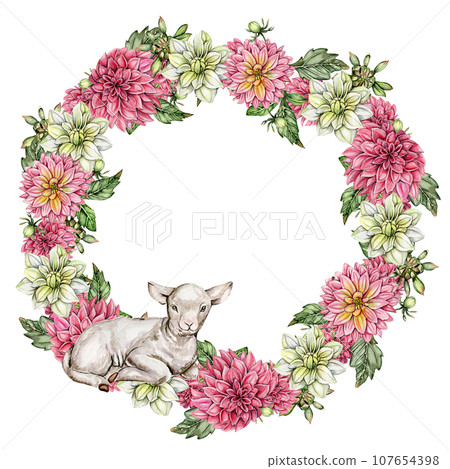 Flowers wreath with dahlia, watercolor illustration for cards, backgrounds. Watercolor illustration for scrapbooking. Hand drawn background with flower for your design. Perfect for wedding invitation. Flowers wreath with dahlia, watercolor illustration for cards, backgrounds. Watercolor illustration for scrapbooking. Hand drawn background with flower for your design. Perfect for wedding invitation. 107654398