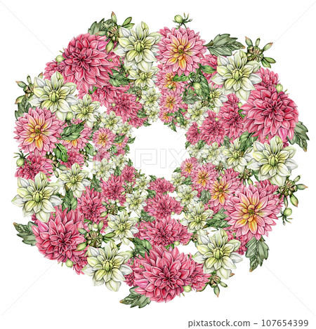 Flowers wreath with dahlia, watercolor illustration for cards, backgrounds. Watercolor illustration for scrapbooking. Hand drawn background with flower for your design. Perfect for wedding invitation. Flowers wreath with dahlia, watercolor illustration for cards, backgrounds. Watercolor illustration for scrapbooking. Hand drawn background with flower for your design. Perfect for wedding invitation. 107654399