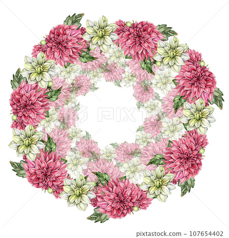 Flowers wreath with dahlia, watercolor illustration for cards, backgrounds. Watercolor illustration for scrapbooking. Hand drawn background with flower for your design. Perfect for wedding invitation. 107654402