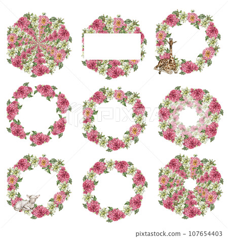Flowers wreath with dahlia, watercolor illustration for cards, backgrounds. Watercolor illustration for scrapbooking. Hand drawn background with flower for your design. Perfect for wedding invitation. 107654403
