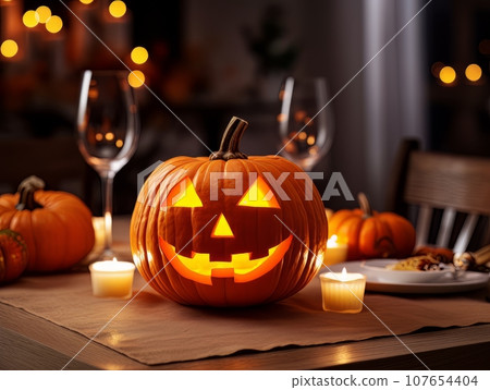 Sinister pumpkin as Halloween symbols tabletop home holiday decor. AI 107654404