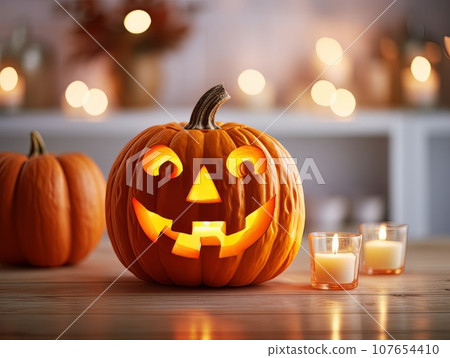 Sinister pumpkin as Halloween symbols tabletop home holiday decor. AI 107654410