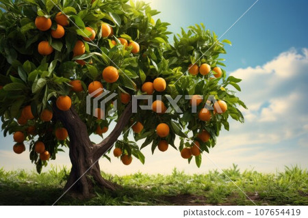 beautiful ripe oranges and tangerines closeup on a tree branch 107654419
