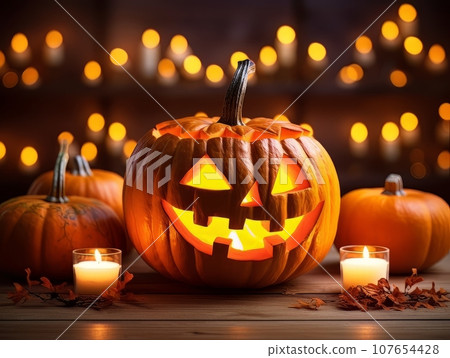 Sinister pumpkin as Halloween symbols tabletop home holiday decor. AI Sinister pumpkin as Halloween symbols tabletop home holiday decor. AI 107654428