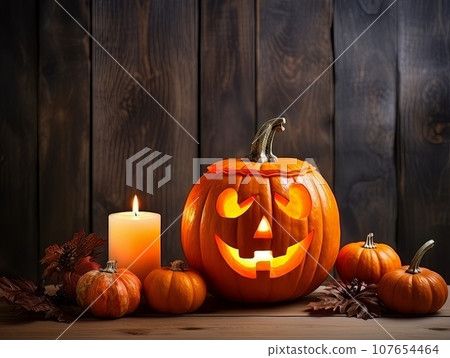 Sinister pumpkin as Halloween symbols tabletop home holiday decor. AI 107654464