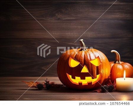 Sinister pumpkin as Halloween symbols tabletop home holiday decor. AI 107654466