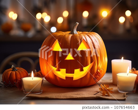Sinister pumpkin as Halloween symbols tabletop home holiday decor. AI 107654663